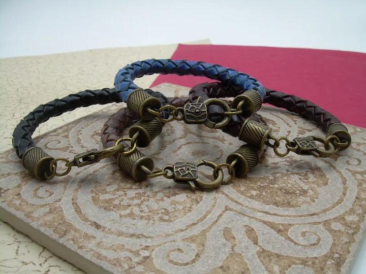 Thick Braided Bolo Leather Bracelet with Antique Bronze Toned Toggle Clasp and Endcaps - Urban Survival Gear USA