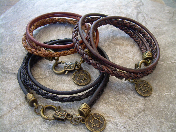 Double Wrap Smooth and Braided Leather Star of David Bracelet - Urban Survival Gear USA