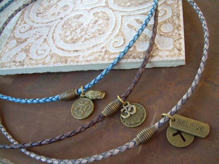 Leather Charm Necklace, Leather Necklace, Om Necklace, Cross Necklace, Magnetic Clasp Necklace, Mens Necklace, Womens Necklace, Om, Lotus, - Urban Survival Gear USA