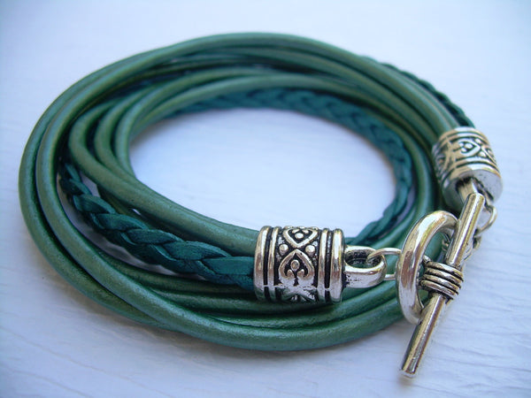 Teal Leather Double Wrap Bracelet with Toggle Clasp - Urban Survival Gear USA