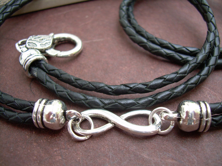 Black Braided Leather Wrap Infinity Bracelet with Nugget Lobster Clasp - Urban Survival Gear USA