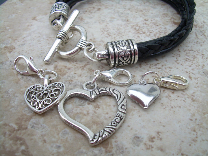 Black Leather  Heart Charm Bracelet with Three Lobster Clasp Heart Charms - Urban Survival Gear USA