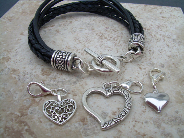 Black Leather  Heart Charm Bracelet with Three Lobster Clasp Heart Charms - Urban Survival Gear USA