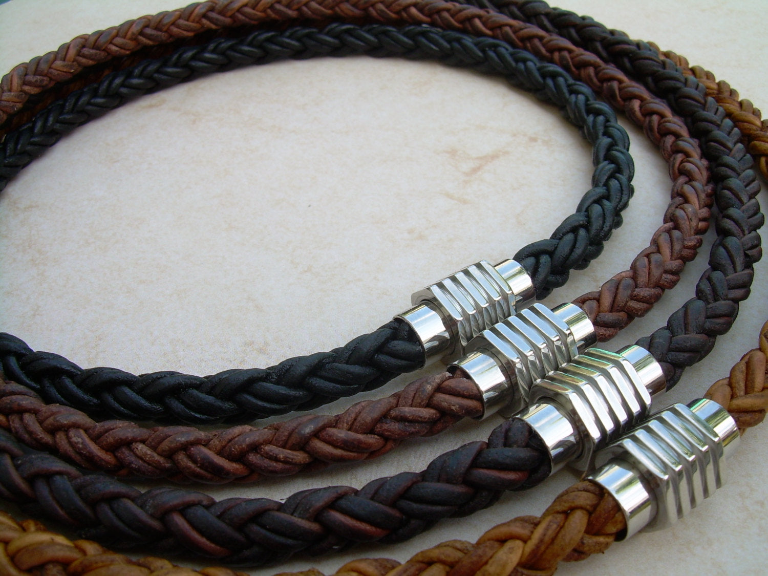 4/6/8mm Mens Black Braided Leather Cord Necklace Choker Steel Magnetic  16-36inch
