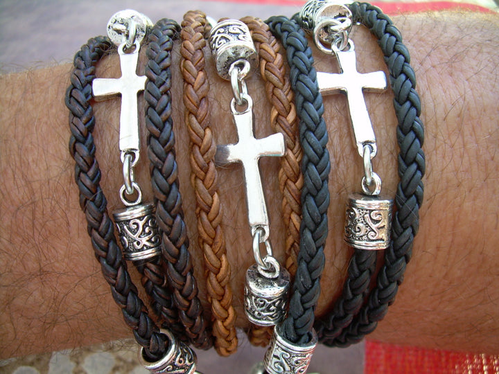 Leather Bracelet, Cross Bracelet, Mens Bracelets Leather, Christian Jewelry, Cross, Religious Gift, Mens Bracelet, Womens Bracelet, Faith - Urban Survival Gear USA