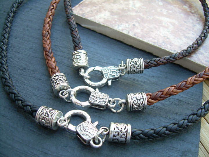 Leather Necklace, Mens Necklace, Womens Necklace, Mens Jewelry, Womens Jewelry, Antique Silver, Braided - Urban Survival Gear USA