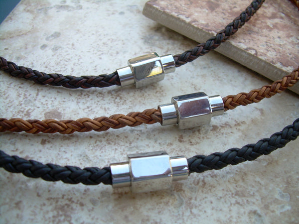 Braided Leather Necklace with Hexagon Stainless Steel Magnetic Clasp - Urban Survival Gear USA
