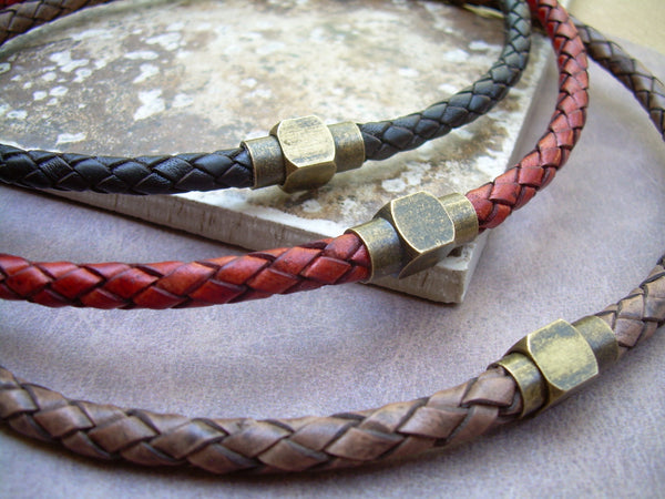 Mens Leather Necklace,  Antique Brass , Magnetic Clasp, Braided Leather Necklace, Mens Necklace,Mens Jewelry, Brass, Mens Gift, Gift for Him - Urban Survival Gear USA