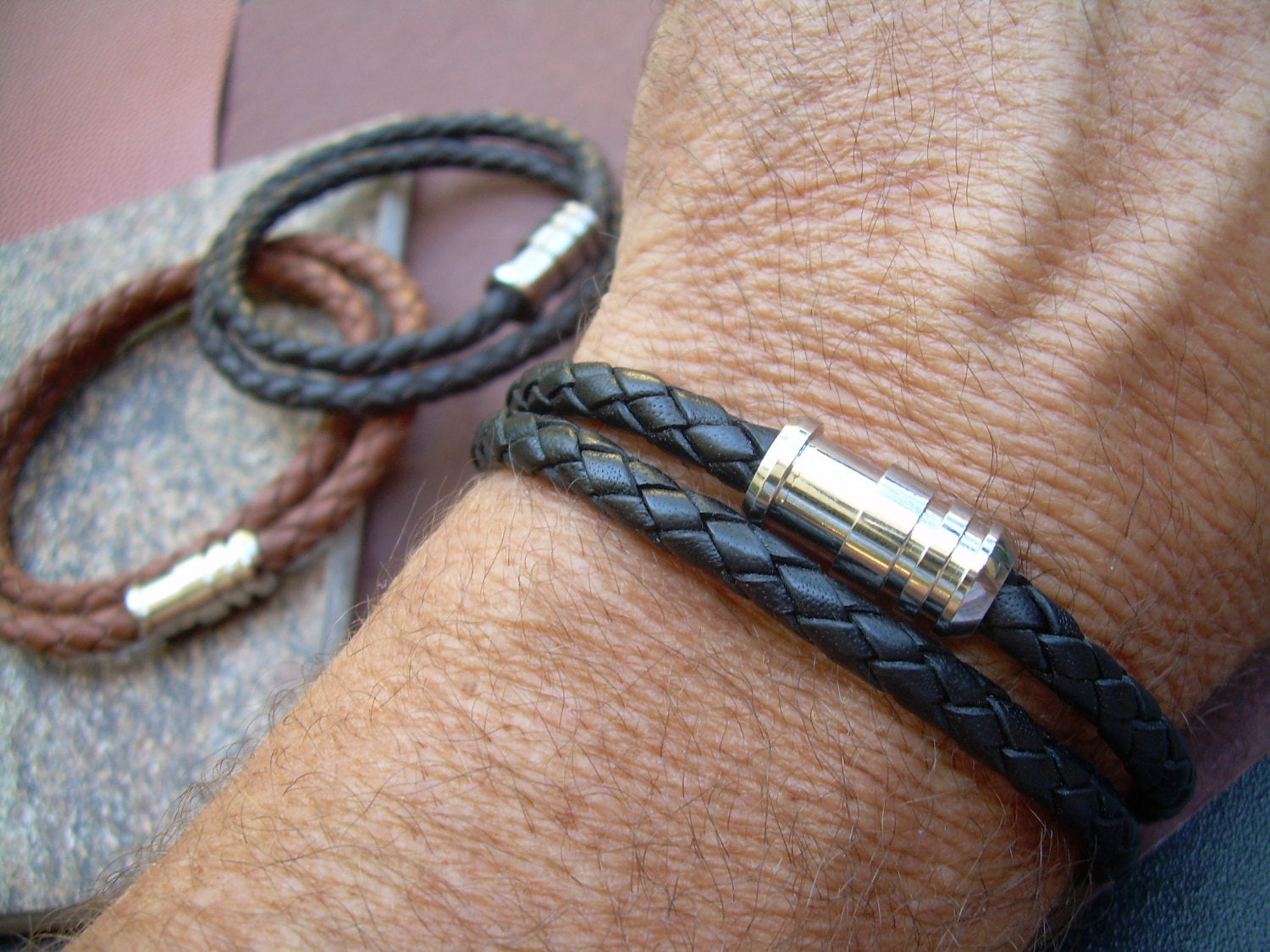 Men's Stainless Steel Clasp Double Black Braid Leather Bracelet