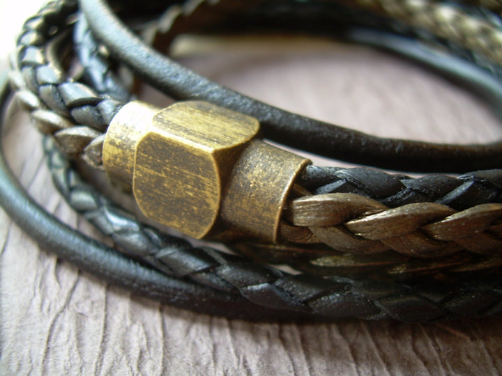 Triple Wrap Leather Bracelet with an Antique Brass Magnetic Clasp - Urban Survival Gear USA