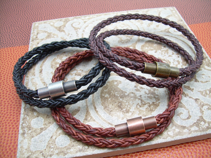 Double Wrap Braided Leather Bracelet with Antique Toned Stainless Steel Magnetic Clasp - Urban Survival Gear USA