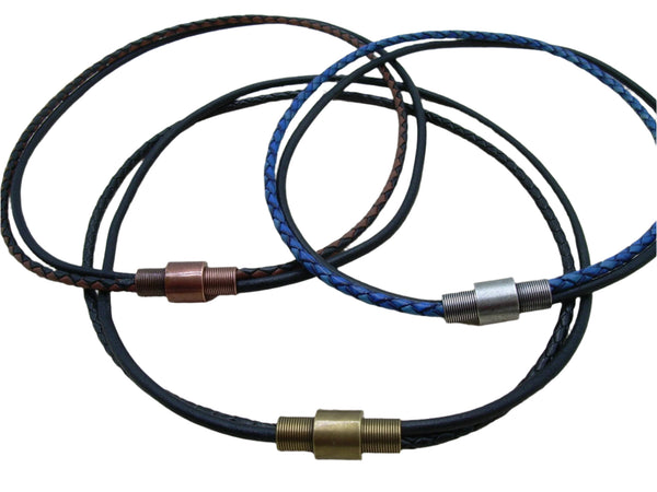 Double Strand Braided and Smooth Leather Necklace with Antique Toned Industrial Style Stainless Steel Magnetic Clasp - Urban Survival Gear USA