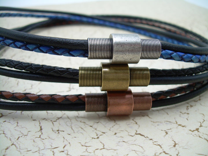 Double Strand Braided and Smooth Leather Necklace with Antique Toned Industrial Style Stainless Steel Magnetic Clasp - Urban Survival Gear USA