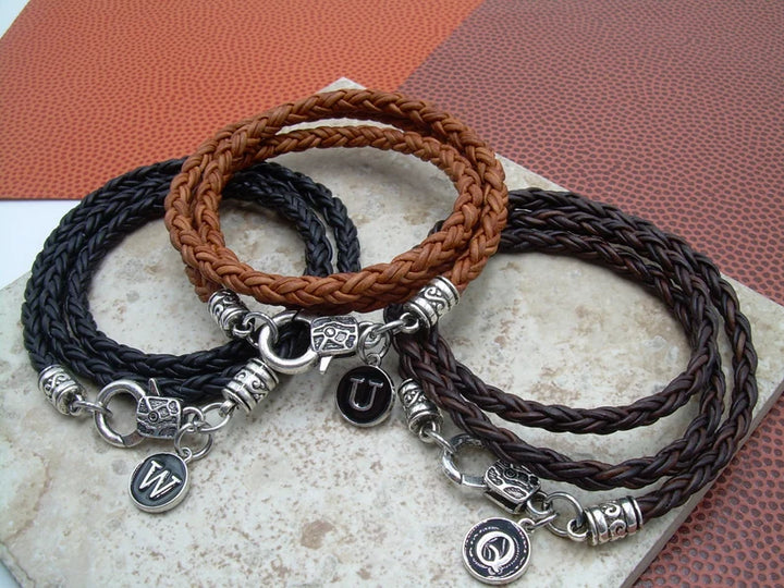 Triple Wrap Braided Leather Bracelet with Initial Letter Charm - Urban Survival Gear USA