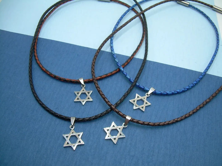 Thin Braided Leather Star of David Pendant Necklace with Stainless Steel Magnetic Clasp - Urban Survival Gear USA