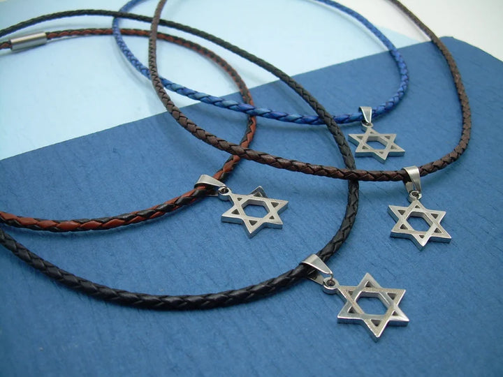 Thin Braided Leather Star of David Pendant Necklace with Stainless Steel Magnetic Clasp - Urban Survival Gear USA