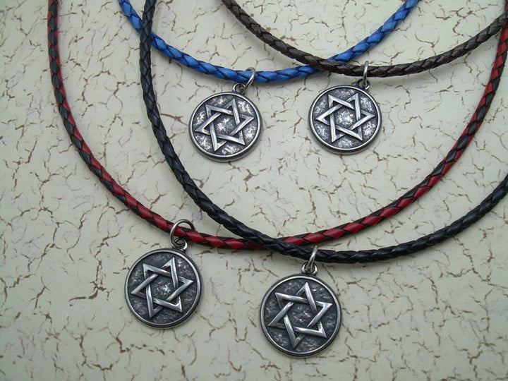 Thin Braided Leather Necklace with Round Stainless Steel Star of David Pendant and Magnetic Clasp - Urban Survival Gear USA