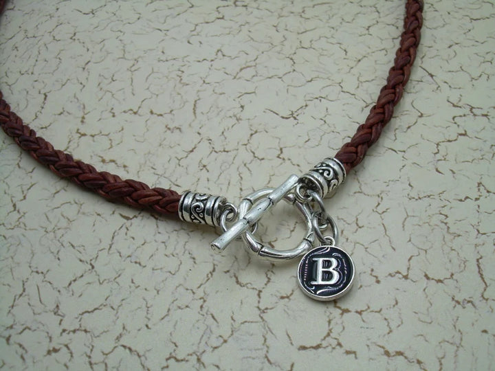 Toggle Clasp Braided Leather Initial Charm Necklace - Urban Survival Gear USA