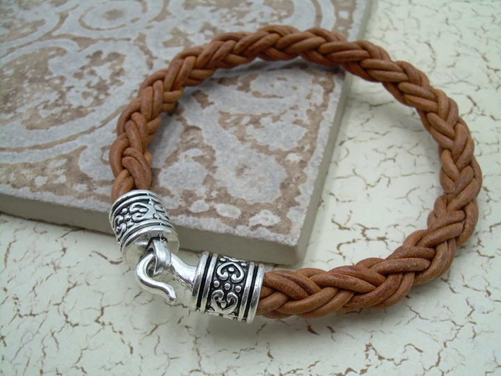 Thick Braided Leather Bracelet with Silver Toned Hook Clasp End Caps - Urban Survival Gear USA