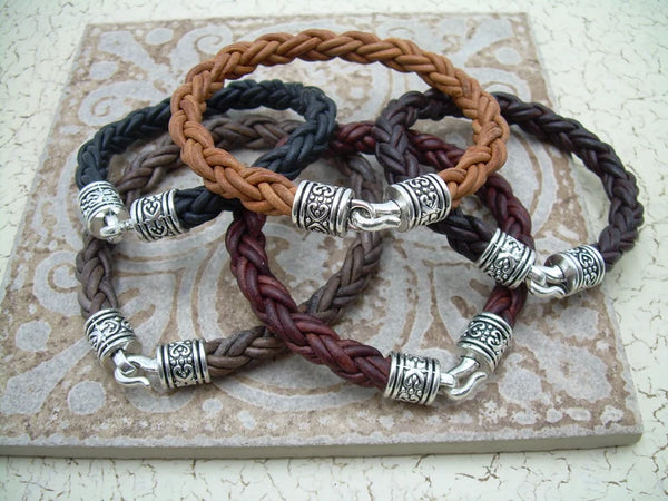 Thick Braided Leather Bracelet with Silver Toned Hook Clasp End Caps - Urban Survival Gear USA