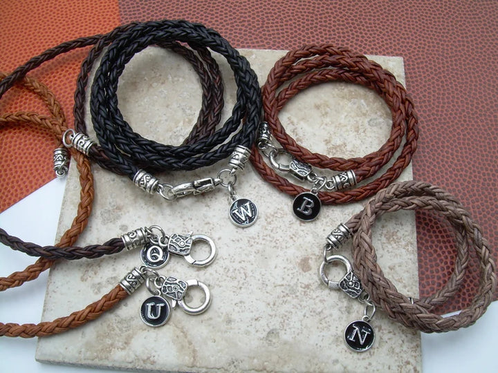 Triple Wrap Braided Leather Bracelet with Initial Letter Charm - Urban Survival Gear USA