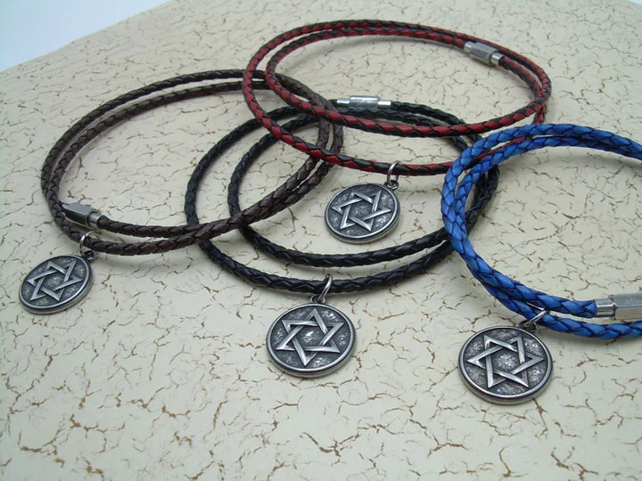 Thin Braided Leather Necklace with Round Stainless Steel Star of David Pendant and Magnetic Clasp - Urban Survival Gear USA