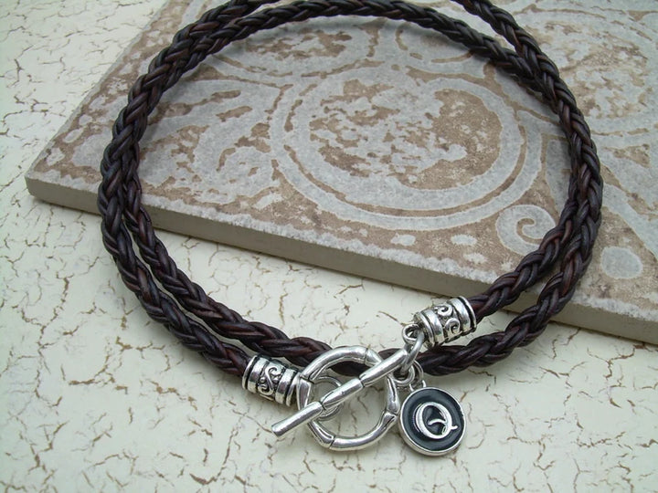 Toggle Clasp Braided Leather Initial Charm Necklace - Urban Survival Gear USA