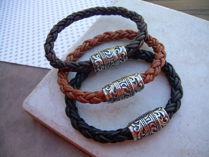 Thick Braided Leather Bracelet with Ornate Filigreed Stainless Steel Magnetic Clasp - Urban Survival Gear USA