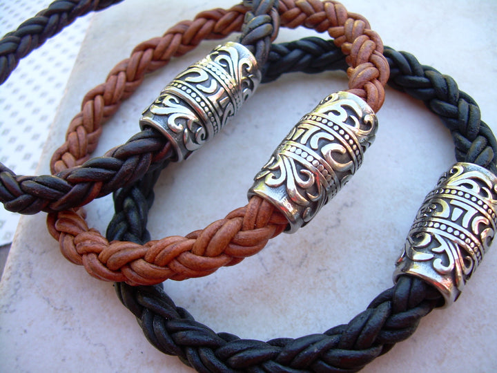 Thick Braided Leather Bracelet with Ornate Filigreed Stainless Steel Magnetic Clasp - Urban Survival Gear USA
