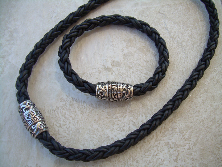 Copy of Thick Braided Leather Necklace and Bracelet Set with Filigreed Stainless Steel Magnetic Clasp - Urban Survival Gear USA