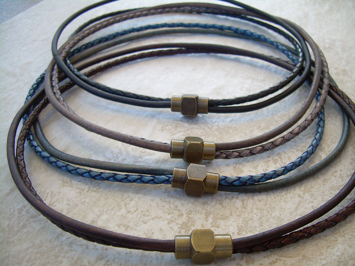 Double Strand Smooth and Braided Leather Necklace with Antique Bronze Magnetic Clasp - Urban Survival Gear USA