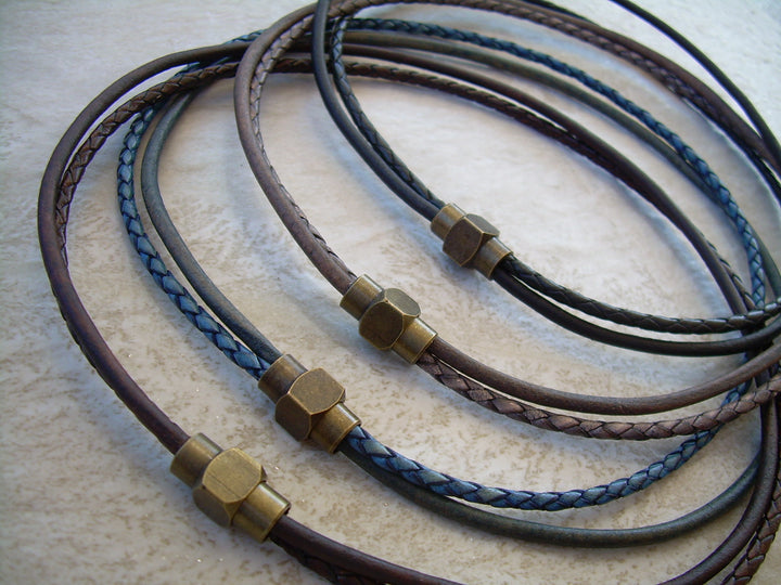 Double Strand Smooth and Braided Leather Necklace with Antique Bronze Magnetic Clasp - Urban Survival Gear USA