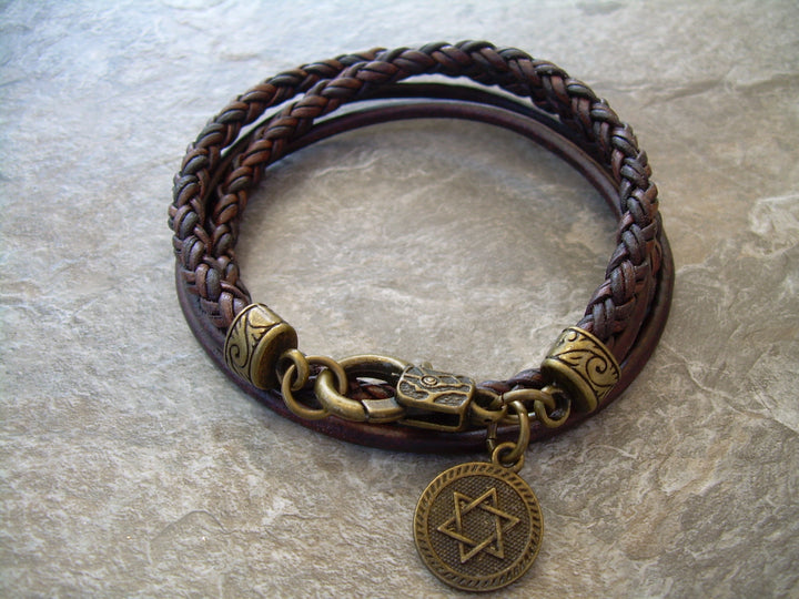 Double Wrap Smooth and Braided Leather Star of David Bracelet - Urban Survival Gear USA