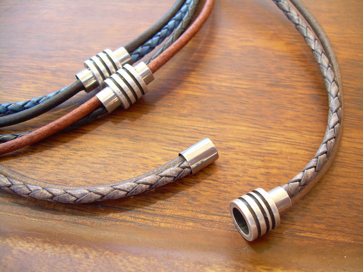 Braided and Smooth Leather Choker Necklace with Antique Toned Magnetic Clasp - Urban Survival Gear USA