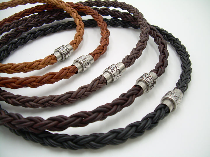 Thick Braided Leather Necklace with Ornate Tooled Stainless Steel Magnetic Clasp - Urban Survival Gear USA