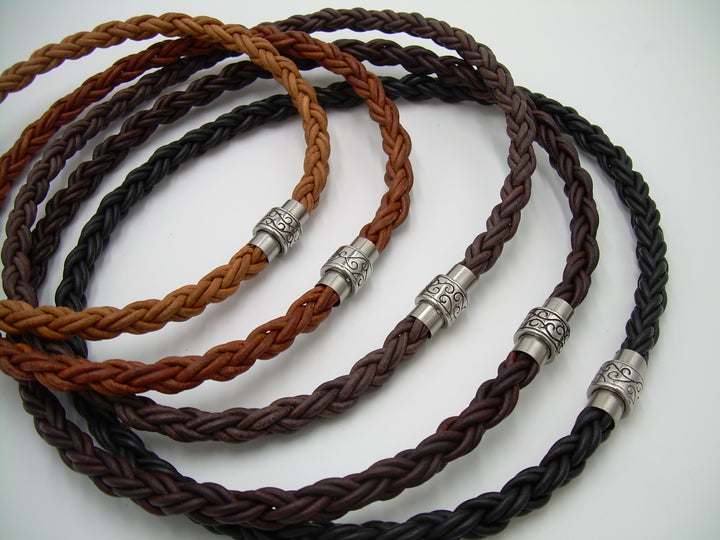 Thick Braided Leather Necklace with Ornate Tooled Stainless Steel Magnetic Clasp - Urban Survival Gear USA