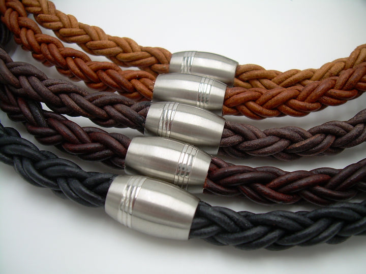 Thick Braided Leather Necklace with Matted Stainless Steel Magnetic Clasp - Urban Survival Gear USA