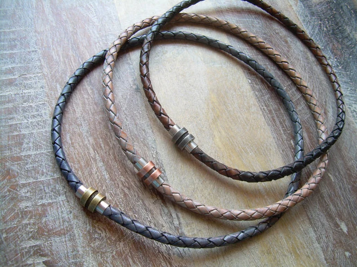 Braided Bolo Leather Necklace with Antiqued Two Toned Stainless Steel Magnetic Clasp - Urban Survival Gear USA