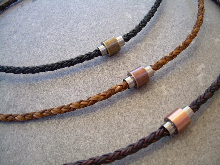 Braided Leather Necklace with Industrial Stainless Steel Two Toned Magnet Barrel Clasp - Urban Survival Gear USA