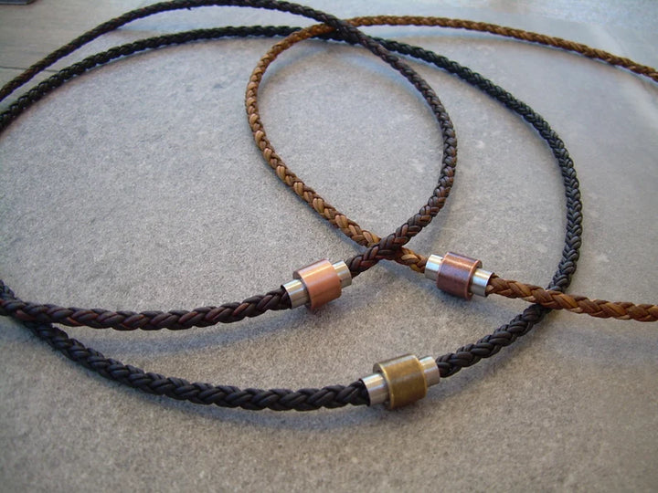 Braided Leather Necklace with Industrial Stainless Steel Two Toned Magnet Barrel Clasp - Urban Survival Gear USA