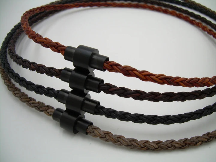 Braided Leather Necklace with Barrel Shaped Black Matted Stainless Steel Magnetic Claspe - Urban Survival Gear USA