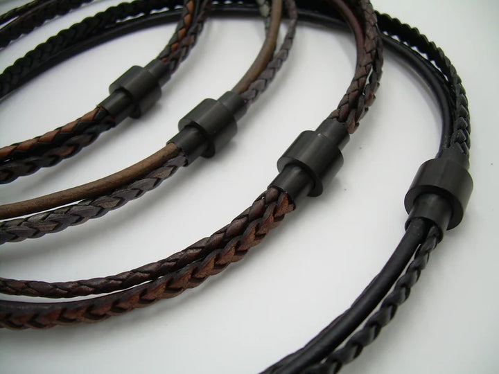 Multi Strand Smooth and Braided Leather Necklace with Black Matted Stainless Steel Magnetic Clasp - Urban Survival Gear USA