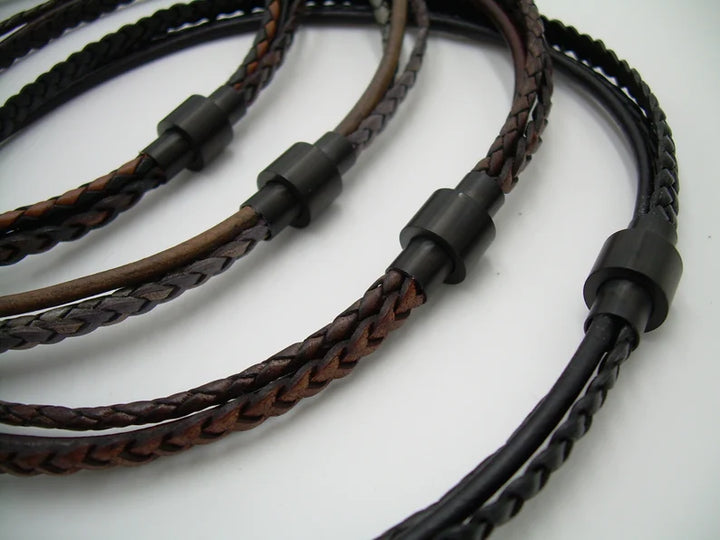Multi Strand Smooth and Braided Leather Necklace with Black Matted