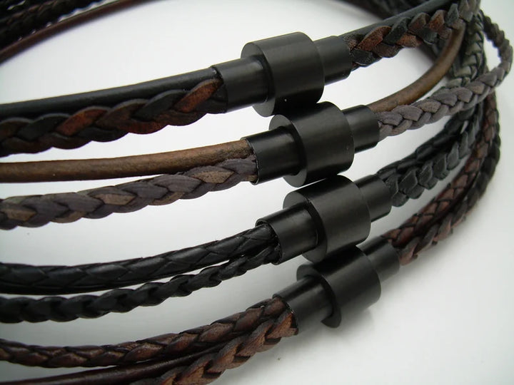 Multi Strand Smooth and Braided Leather Necklace with Black Matted Stainless Steel Magnetic Clasp - Urban Survival Gear USA
