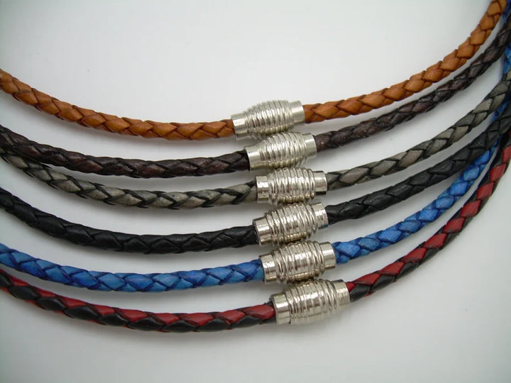 Thin Braided Leather Necklace with Silver Toned Magnetic Clasp - Urban Survival Gear USA