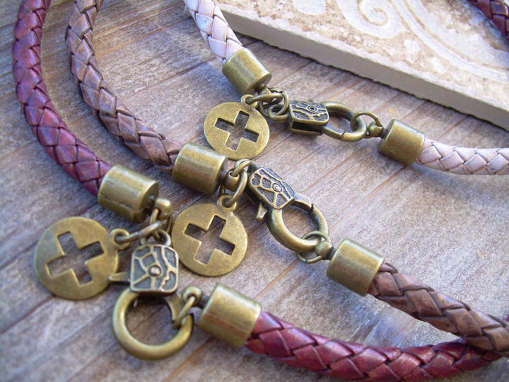 Braided Leather Bolo Necklace with Round Bronze Cross - Urban Survival Gear USA