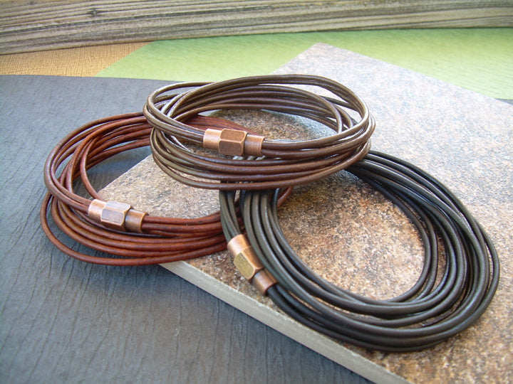 Mens Bracelets, Leather Bracelets for Men, Mens Bracelets Leather,  Triple Wrap Bracelet with Copper toned Brass Magnetic Clasp, - Urban Survival Gear USA