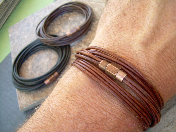 Triple Wrap Leather Bracelet with Copper toned Brass Magnetic Clasp, Mens Jewelry, Mens Bracelet, Leather Bracelet, Wrap Bracelet, Boyfriend - Urban Survival Gear USA