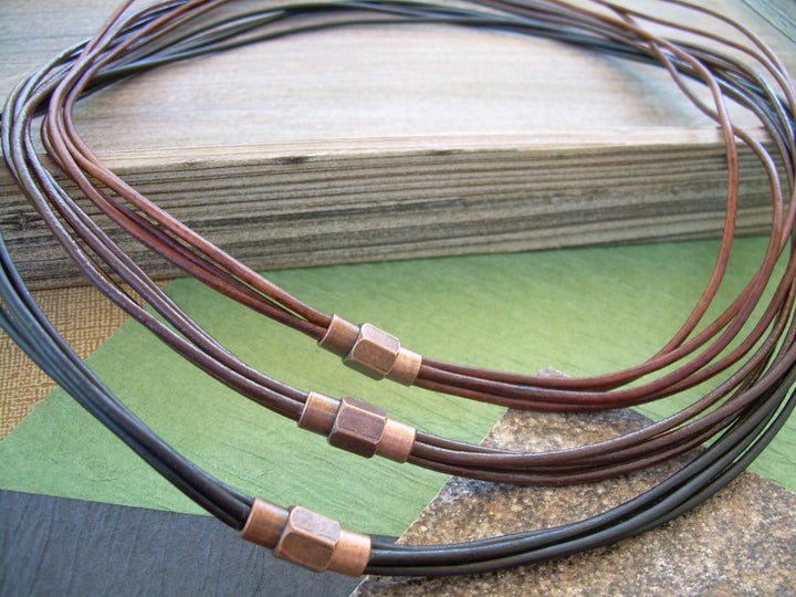 Thin Strands Leather Necklace with Copper toned Brass Magnetic Clasp, Mens Jewelry, Mens Necklace, Leather Necklace, Men Gift - Urban Survival Gear USA