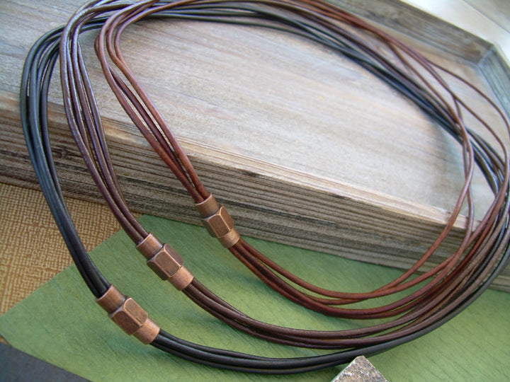 Thin Strands Leather Necklace with Copper toned Brass Magnetic Clasp, Mens Jewelry, Mens Necklace, Leather Necklace, Men Gift - Urban Survival Gear USA
